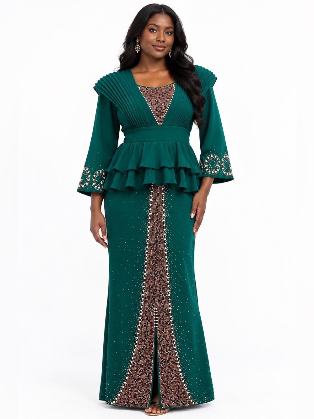 Green Embellished Peplum Gown